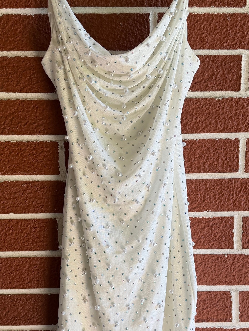 Windsor White Cowl mini Dress with Crystal & Pearl Embellishments